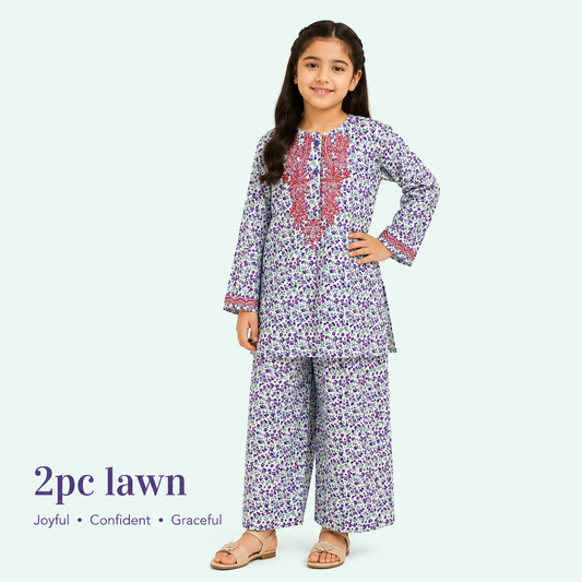 Girls White & Purple Lawn 2-Piece Suit | Ages 3–13