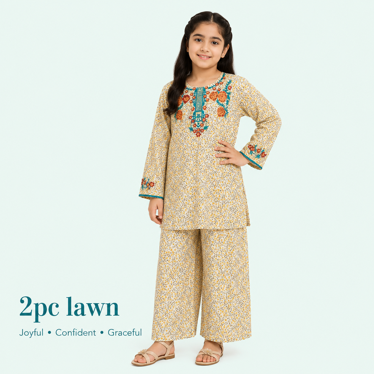 Girls Yellow & White Lawn 2-Piece Suit | Ages 3–13