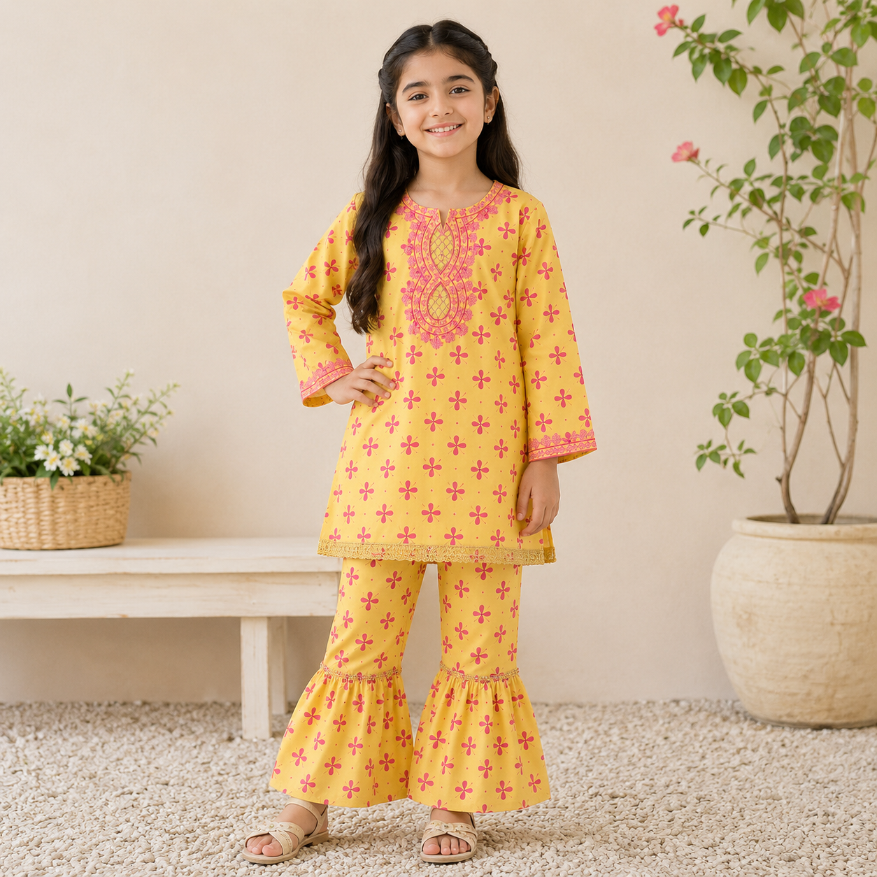 Yellow Floral Girls Lawn Suit — 3 to 13 Years