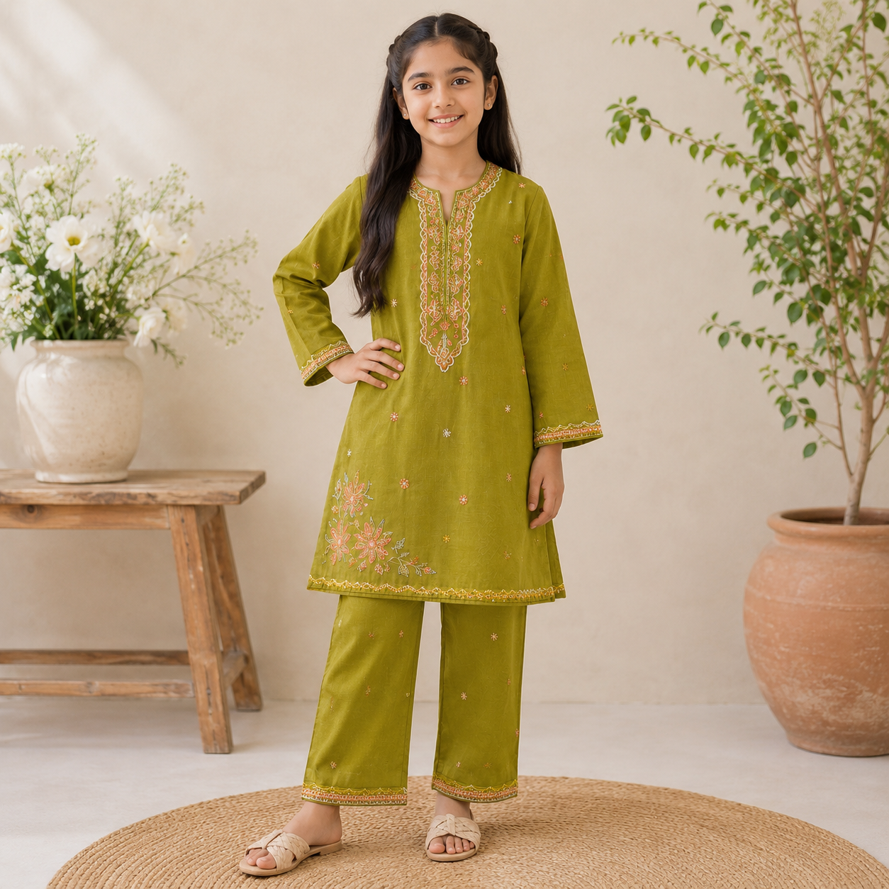 Floral Embroidered Girls Kurta Suit — 3 to 13 Years