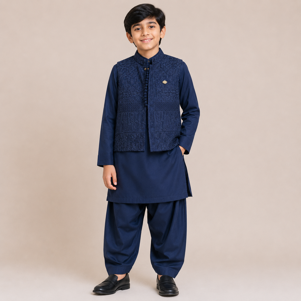 Boys Navy Blue Embroidered Wash & Wear 3-Piece Suit | KidsStudio